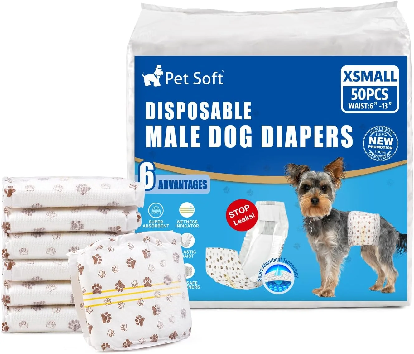 پوشک سگ نر Pet Soft - بسته 50 عددی پوشک یکبار مصرف سگ نر، پوشک سگ توله سگ فوق العاده جاذب برای بی اختیاری ادرار با نشانگر رطوبت (XS-50 عدد)