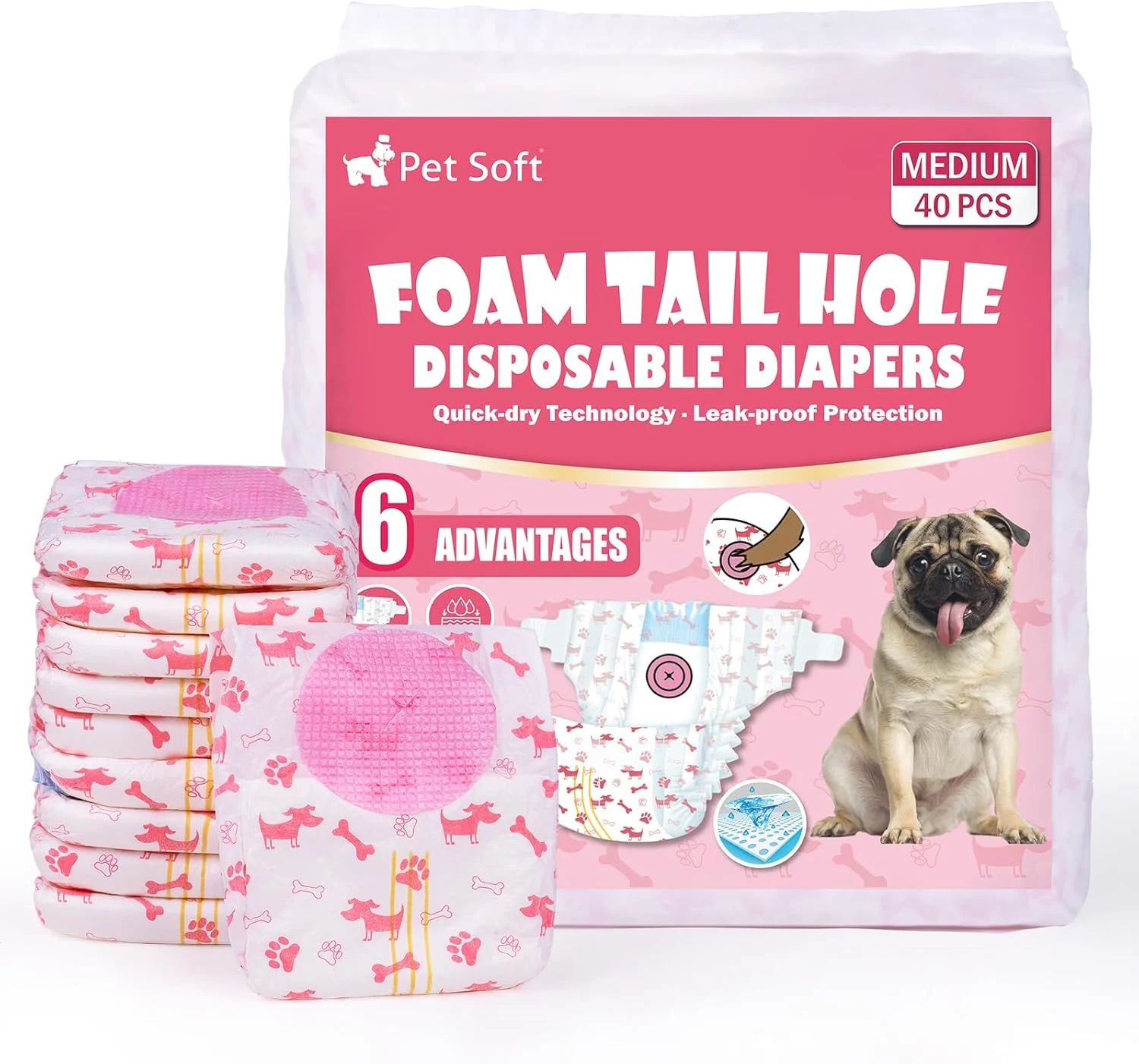 پوشک سگ نرم حیوانات خانگی برای سگ های ماده، بسته 40 عددی پوشک یکبار مصرف برای سگ و گربه، پوشک گربه بسیار جاذب، شورت فصلی برای سگ های ماده، با سوراخ دم قابل تنظیم (M-40 عدد)
