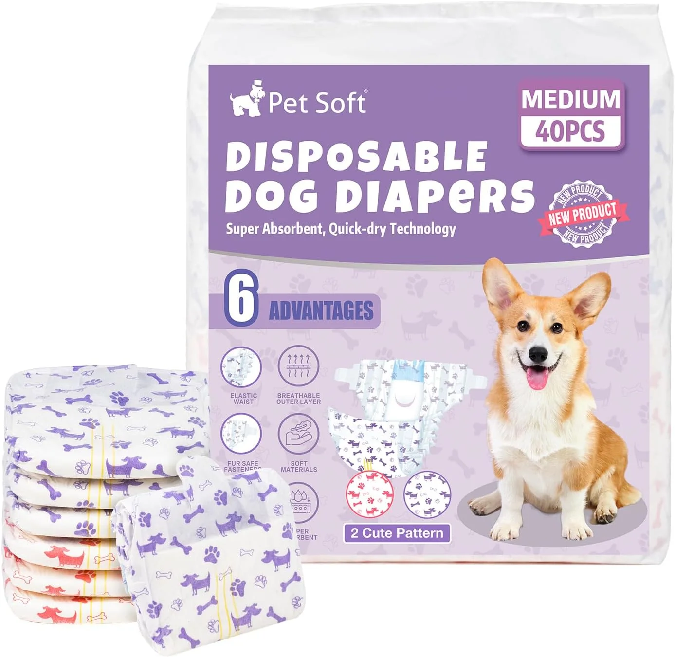 پوشک سگ نرم مخصوص حیوانات خانگی ماده، 40 عدد شورت فصلی یکبار مصرف سگ، پوشک سگ یکبار مصرف فوق العاده جاذب برای سگ های ماده با نشانگر رطوبت