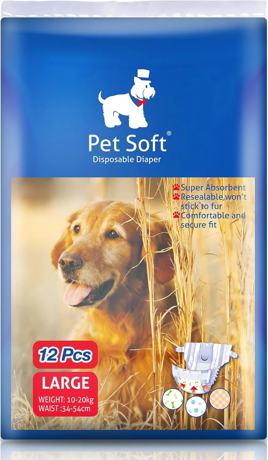 پوشک سگ یکبار مصرف پت سافت برای سگ های ماده، بسته 36 عددی، بسیار جاذب برای گربه ها و سگ های ماده، بی اختیاری ادرار، دوره فحلی، مجاری ادراری (L, 36)