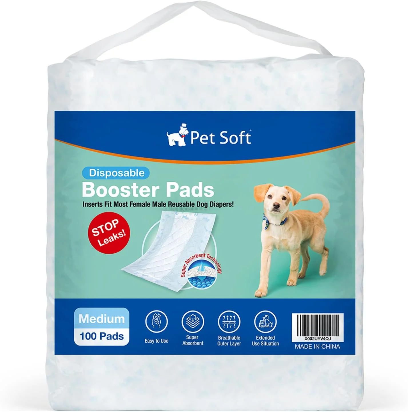 پدهای تقویت کننده پوشک سگ Pet Soft - پدهای یکبار مصرف برای سگ های نر و ماده، مناسب برای اکثر پوشش های سگ و نوارهای شکمی، سایز متوسط، 100 عددی