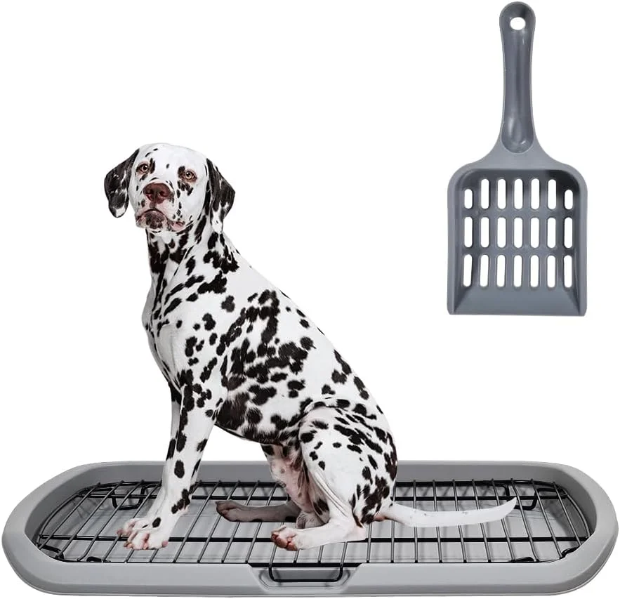 توالت سگ تخت سایز بزرگ با توری استیل ضد زنگ و اسکوپ جمع آوری مدفوع، آموزش سگ برای جلوگیری از پاشیدن ادرار، قابل شستشو (خاکستری) 65 سانتی متر