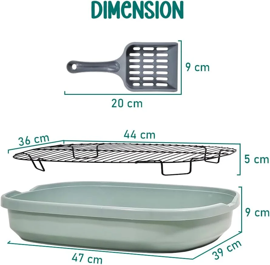 توالت سگ فروشگاه حیوانات خانگی در دراگون مارت، ضد پاشش و محصور، پنجه ها را خشک و کف را تمیز نگه می دارد، ساخته شده از پلاستیک PP با توری استیل ضد زنگ و اسکوپ جمع آوری مدفوع، سینی آموزش سگ 47 سانتی متر طول (رنگ سبز)