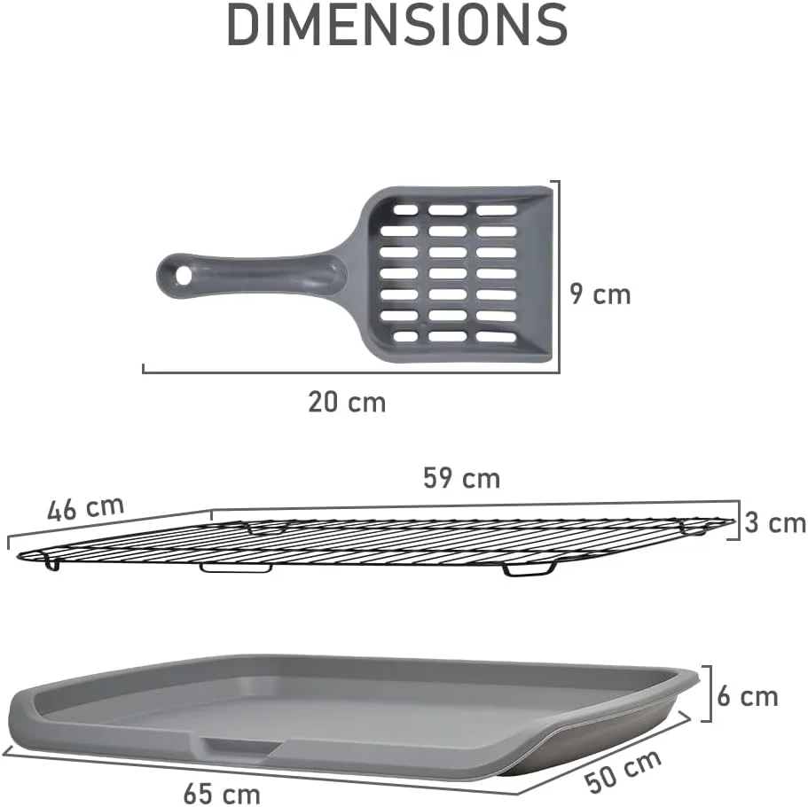 توالت سگ تخت سایز بزرگ با توری استیل ضد زنگ و اسکوپ جمع آوری مدفوع، آموزش سگ برای جلوگیری از پاشیدن ادرار، قابل شستشو (خاکستری) 65 سانتی متر