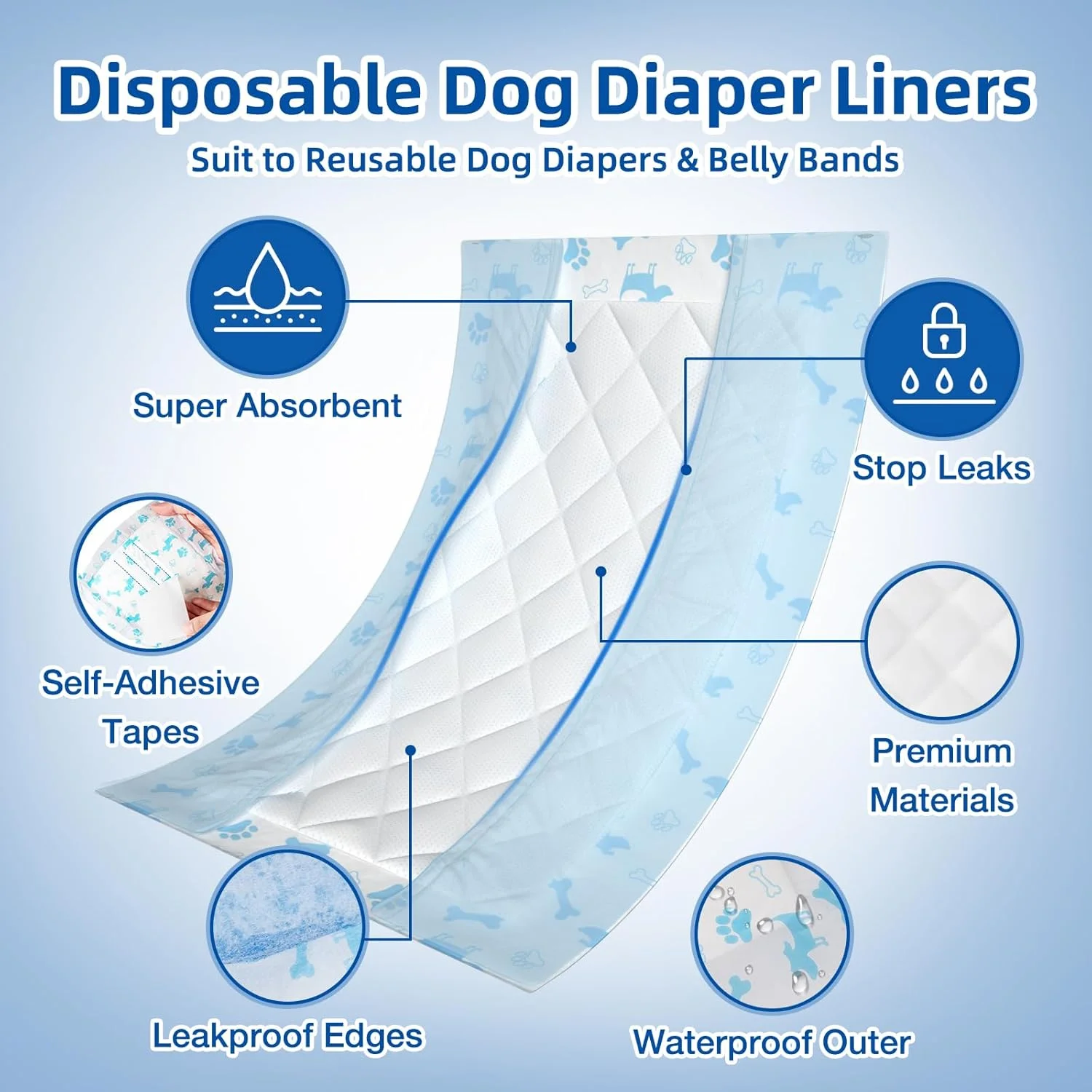 پدهای نرم سگ، 100 عددی، پدهای یکبار مصرف برای سگ های نر و ماده با محافظت ضد نشت جانبی، پدهای تقویت کننده جاذب دوره ای برای پوشک سگ (S-100)