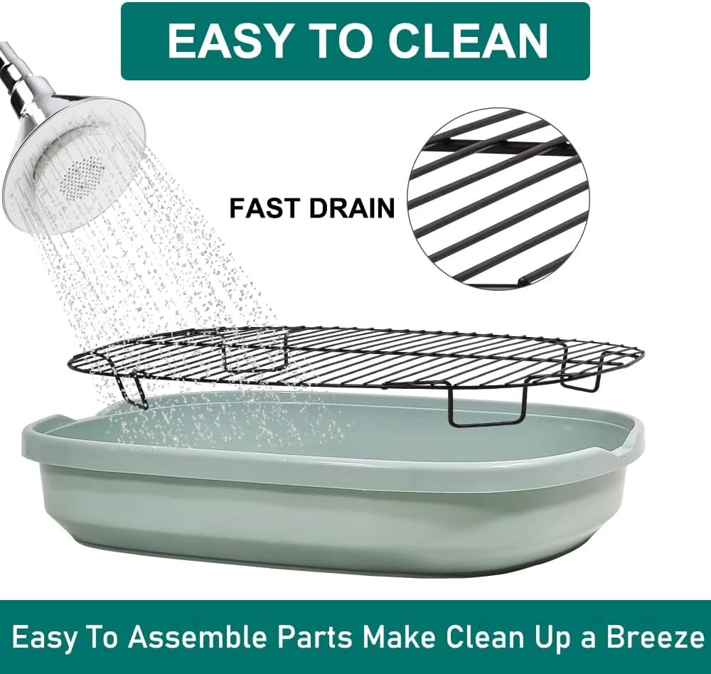 توالت سگ فروشگاه حیوانات خانگی در دراگون مارت، ضد پاشش و محصور، پنجه ها را خشک و کف را تمیز نگه می دارد، ساخته شده از پلاستیک PP با توری استیل ضد زنگ و اسکوپ جمع آوری مدفوع، سینی آموزش سگ 47 سانتی متر طول (رنگ سبز)