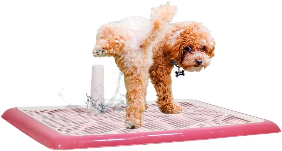 نگهدارنده پد ادرار سگ، توالت آموزشی برای سگ های متوسط و بزرگ، پنجه ها را خشک و کف را تمیز نگه می دارد، سینی توالت سگ با پایه ایستاده (رنگ صورتی) سایز بزرگ، 65 سانتی متر طول