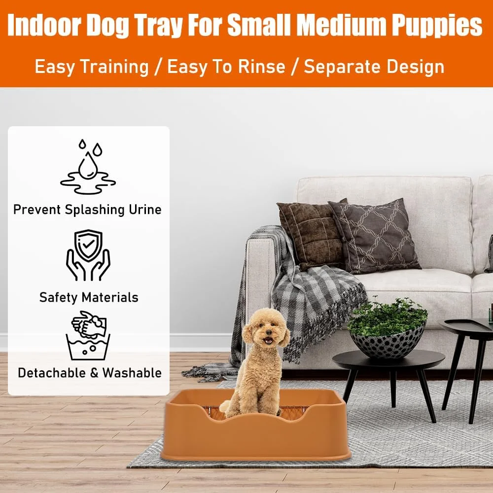 توالت آموزشی سگ با اسکوپ جمع آوری، سینی داخلی و خارجی سگ برای سگ های کوچک و متوسط، جعبه بستر سگ با توری استیل (نارنجی)