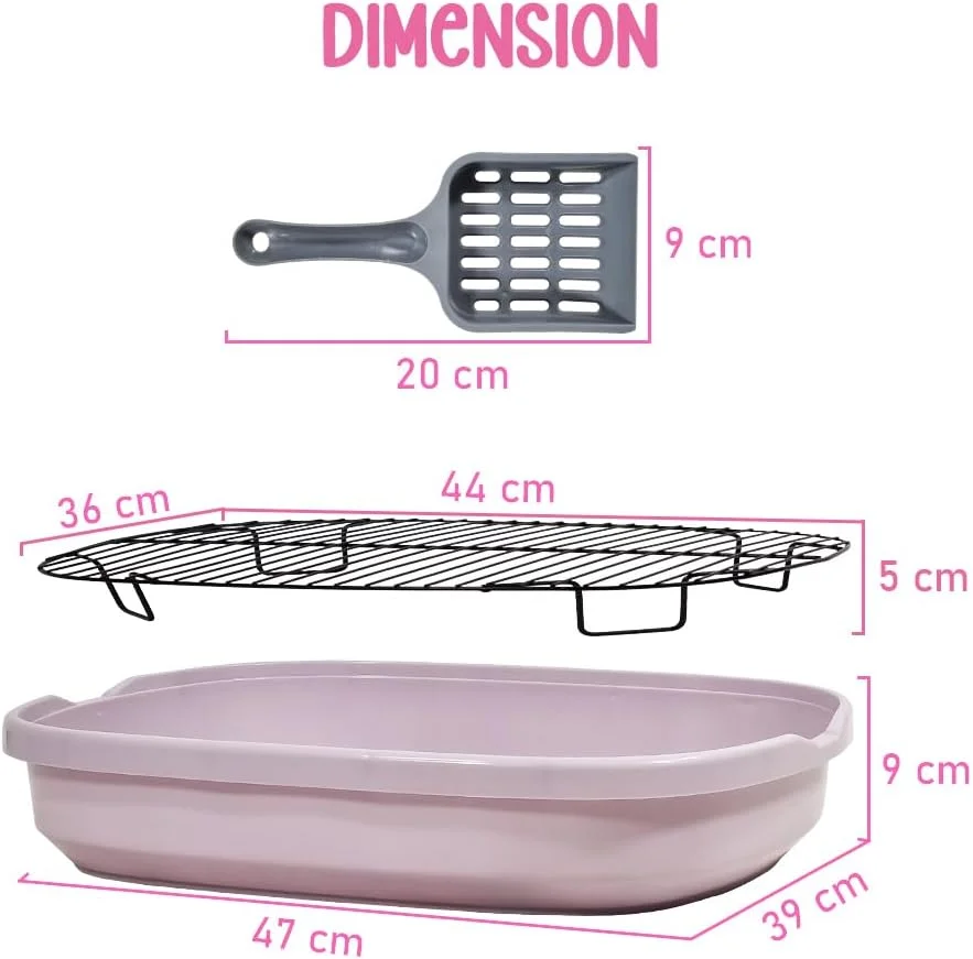 توالت سگ فروشگاه حیوانات خانگی در دراگون مارت، ضد پاشش و محصور، پنجه ها را خشک و کف را تمیز نگه می دارد، ساخته شده از پلاستیک PP با توری استیل ضد زنگ و اسکوپ جمع آوری مدفوع، سینی آموزش سگ 47 سانتی متر طول (رنگ صورتی)