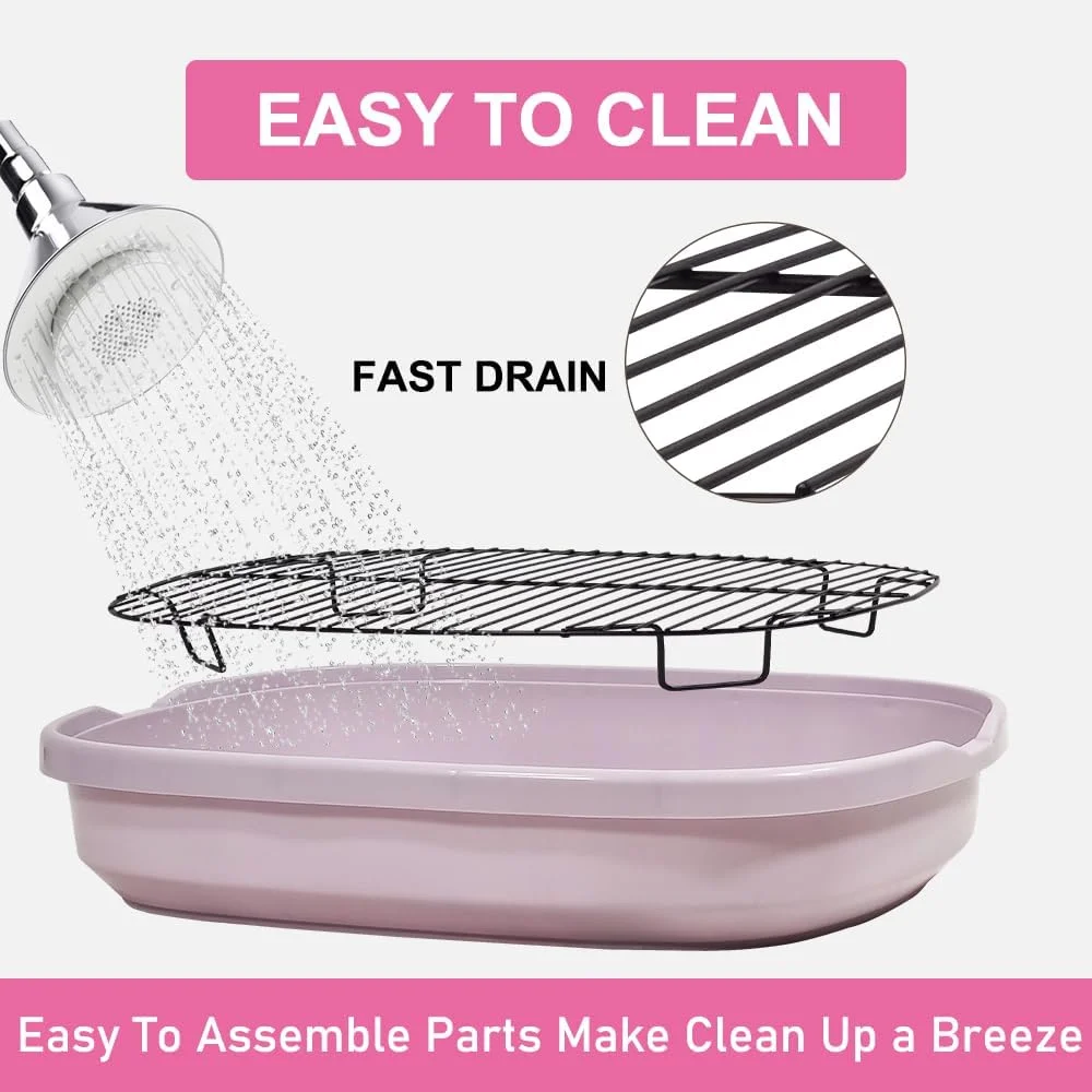 توالت سگ فروشگاه حیوانات خانگی در دراگون مارت، ضد پاشش و محصور، پنجه ها را خشک و کف را تمیز نگه می دارد، ساخته شده از پلاستیک PP با توری استیل ضد زنگ و اسکوپ جمع آوری مدفوع، سینی آموزش سگ 47 سانتی متر طول (رنگ صورتی)