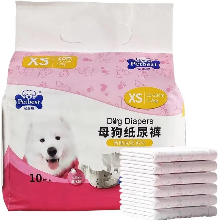 پوشک سگ یکبار مصرف برای سگ های ماده، پوشک فوق العاده جاذب با سوراخ دم فومی برای سگ های ماده در دوره فحلی، برای توله سگ های کوچک، بسته 10 عددی سایز خیلی کوچک
