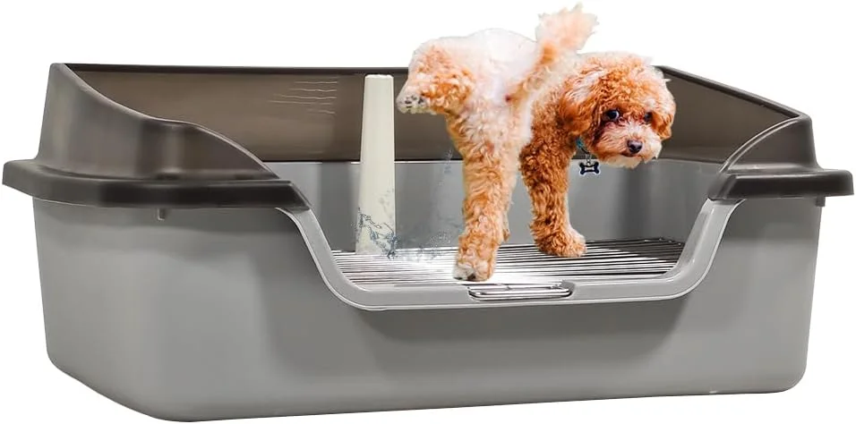 توالت آموزشی سگ با حصار بلند، سینی آموزشی قابل استفاده مجدد با قفسه استیل ضد زنگ و پایه ایستاده سگ نر، توالت سگ جداشدنی (خاکستری) 56 سانتی متر طول x 27 سانتی متر ارتفاع