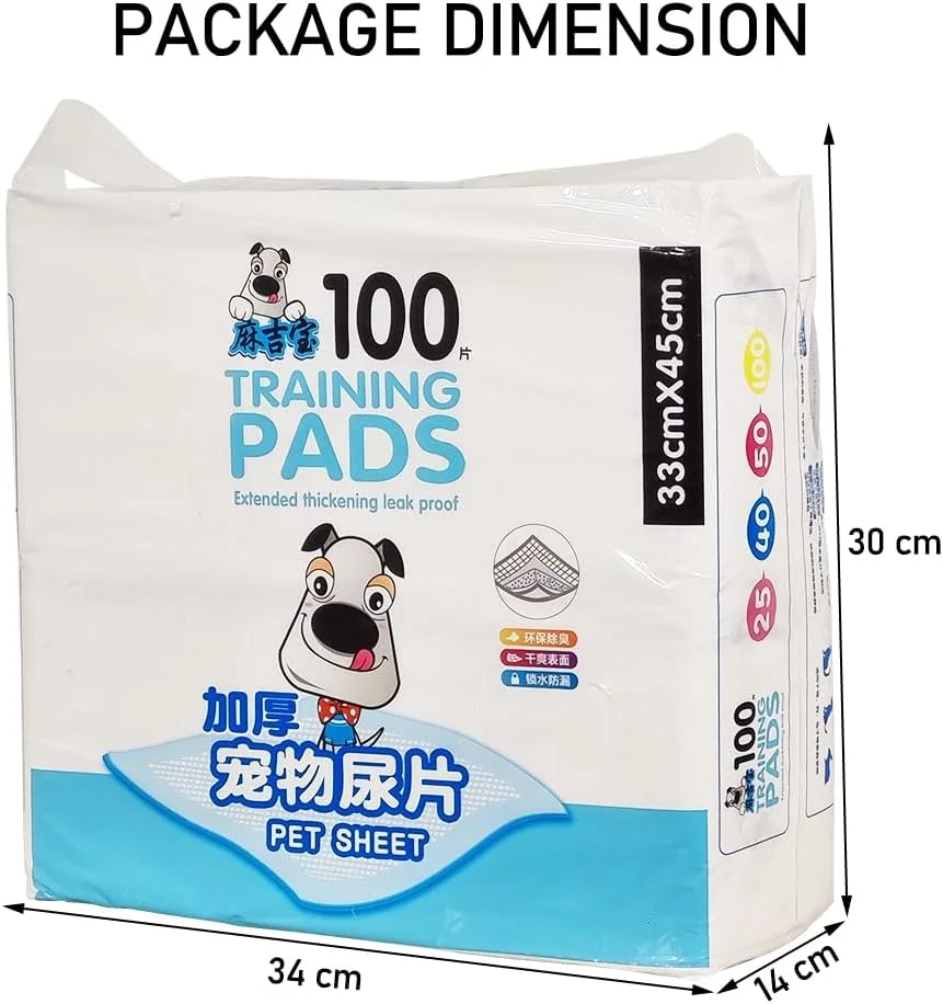 پد آموزشی سگ، فوق العاده جاذب و از بین برنده بو، پدهای آموزشی 5 لایه ضد نشت با سطح خشک شونده سریع از ردیابی جلوگیری می کند، مجموعه 100 عددی کوچک 45 سانتی متر (رنگ آبی)