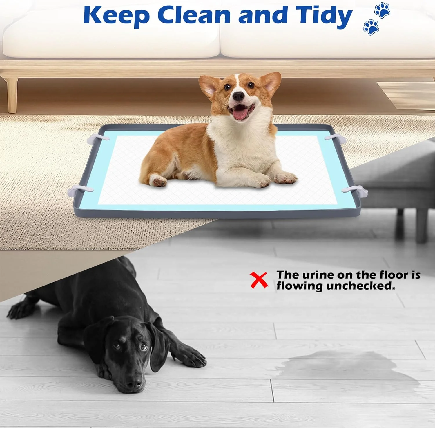 نگهدارنده پد ادرار سگ مناسب برای پدهای 60x60 سانتی متر، سینی نگهدارنده پد توله سگ بدون ریزش با 8 گیره نگهدارنده، تمیز کردن آسان