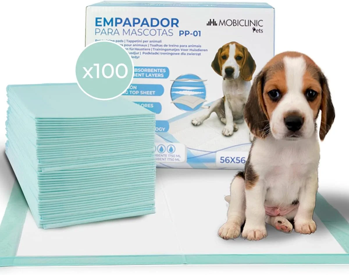 پدهای ادرار سگ و توله سگ Mobiclinic® Pets، پدهای یکبار مصرف با خشک شدن فوق العاده سریع، برند اروپایی، بسته 100 عددی، ضد نشت، XL، 56x56 سانتی متر، پدهای فوق العاده جاذب