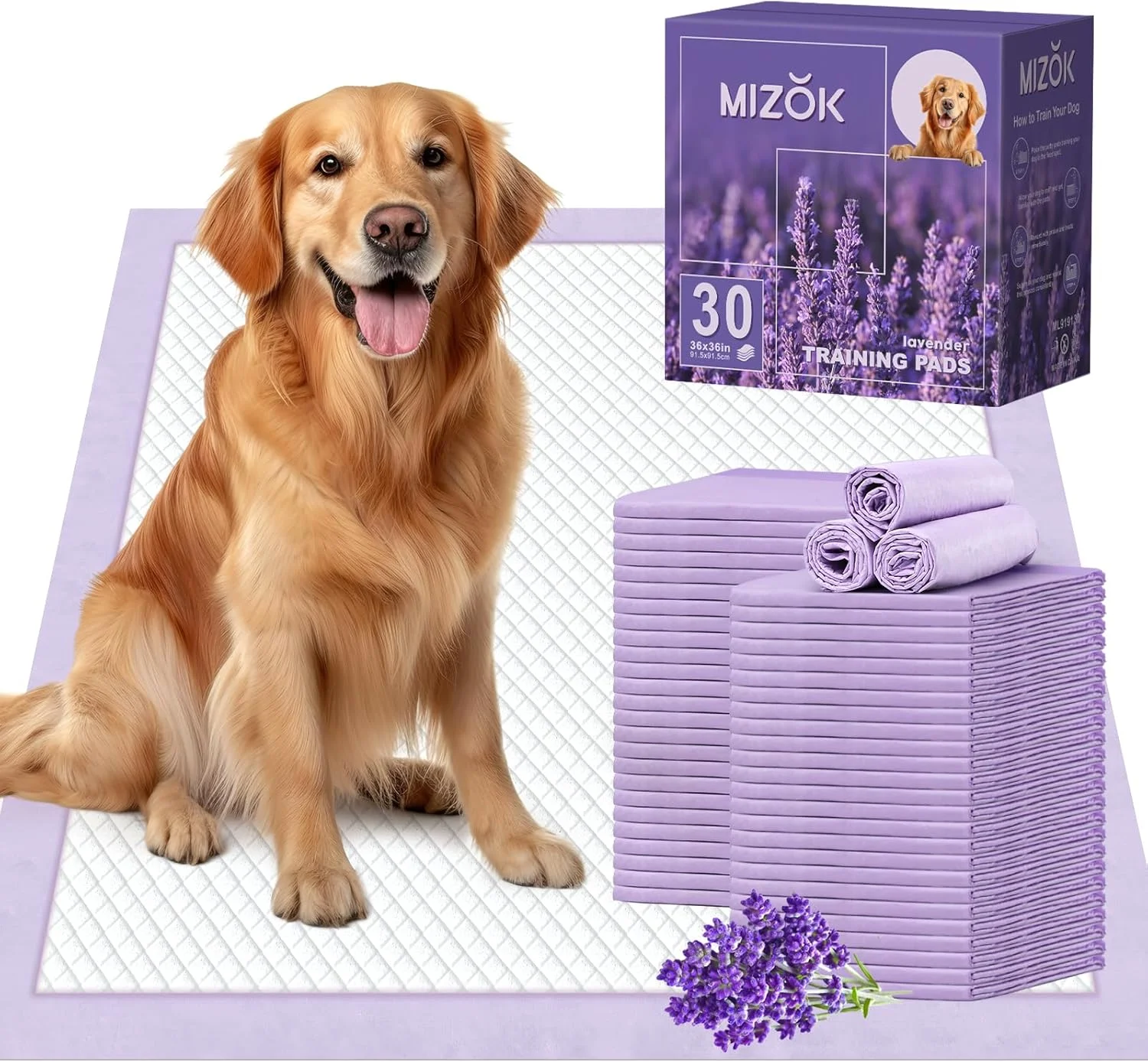 پدهای ادرار سگ MIZOK، سایز بزرگ 91x91 سانتی متر، حفظ تازگی و تمیزی، جذب فوق العاده تا 2.6 لیتر، 6 لایه ضد نشت، رنگ یاسی بنفش (30 عدد)