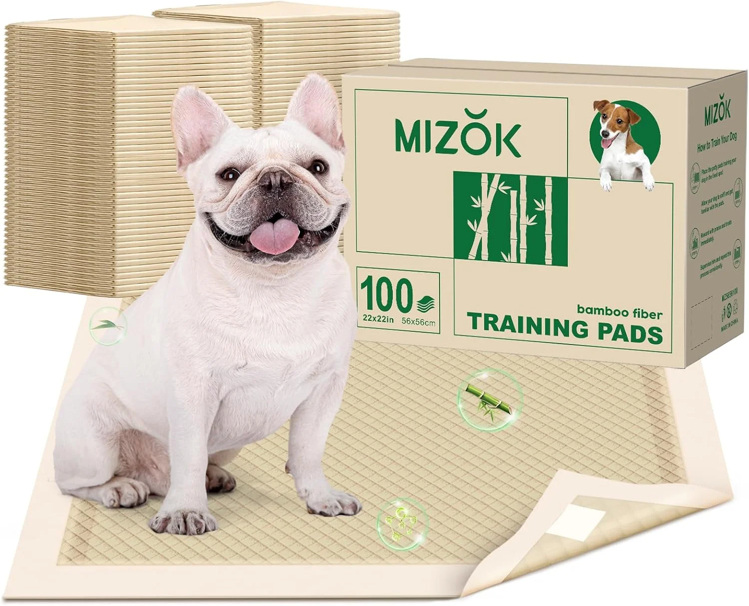 پدهای ادرار سگ MIZOK بزرگ 55x55 سانتی متر، پدهای بامبو از بین برنده بو، فوق العاده جاذب، 6 لایه ضد نشت یکبار مصرف (100 عدد)