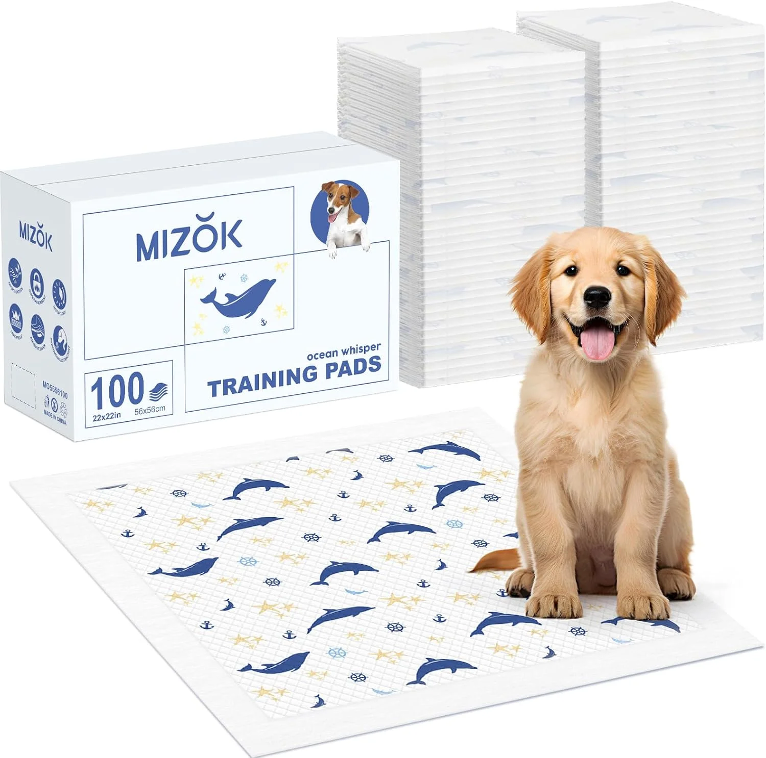 پدهای ادرار سگ MIZOK، سایز کوچک 55x55 سانتی‌متر، بسته‌ی 100 عددی با طرح‌های Ocean Whisper، پدهای آموزش ادرار برای سگ‌ها، پدهای ادرار سگ زیبا با جذب فوق‌العاده و سطح 6 لایه ضد نشت و خشک‌شونده سریع