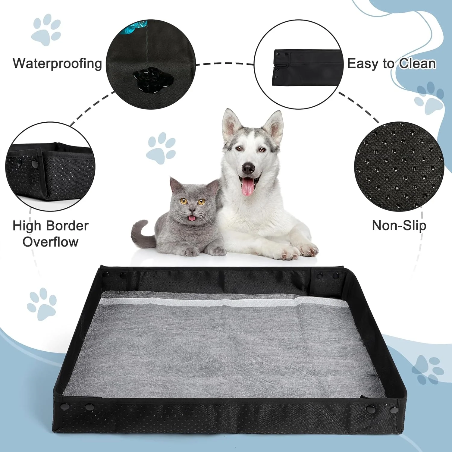 نگهدارنده پد ادرار سگ قابل حمل لیکالوس برای مسافرت، مشکی، پلی یورتان (PU)/50%، پلی وینیل کلراید (PVC)/50%، نگهداری و تمیز کردن آسان، ضد آب، توالت سگ سرپوشیده، تمیز کردن آسان بزرگ (94x79x5 سانتی متر)