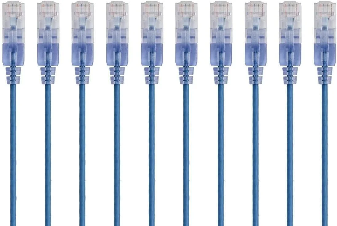 کابل شبکه پچ Cat6A موناپرایس - 12.7 سانتی متر - آبی | سیم اینترنت شبکه - RJ45، 550 مگاهرتز، UTP، سیم مسی خالص، 10G، 30AWG، بسته 10 عددی - سری SlimRun
