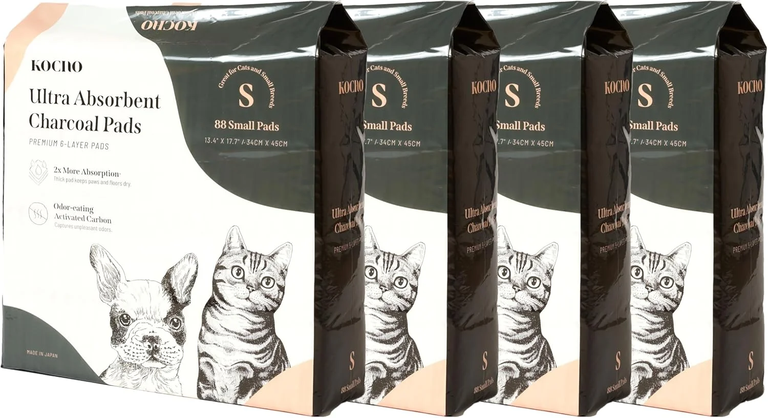 پدهای زغالی فوق جاذب KOCHO، 6 لایه، کوچک 34x45 سانتی متر، مناسب برای آموزش و خشک نگه داشتن سریع محل ادرار سگ و گربه، 4 بسته 88 عددی (در مجموع 352 عدد) ساخت ژاپن