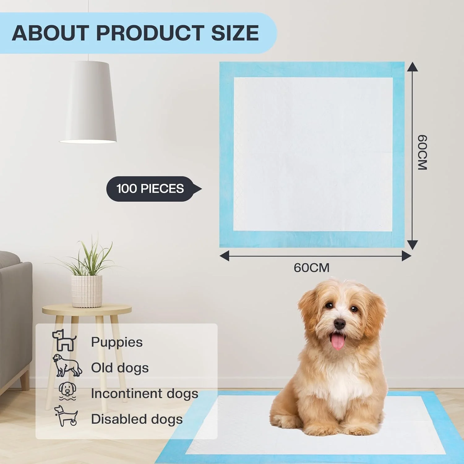بسته 100 عددی پد سگ 60x60 سانتی متر - پدهای بهداشتی یکبار مصرف برای حیوانات خانگی - سطح خشک شونده سریع، تنفس پذیر