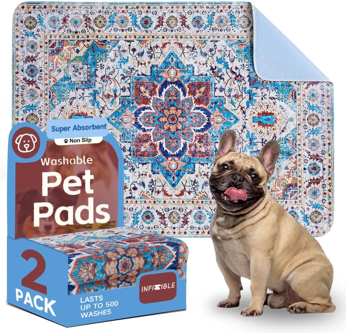 پدهای ادرار سگ قابل شستشو INFISIBLE، بسته 2 عددی، 122x91 سانتی متر، پدهای بزرگ جاذب و ضد آب قابل استفاده مجدد برای آموزش دستشویی توله سگ، زیرانداز طرح بوهمی برای حیوانات خانگی مناسب برای باکس، محوطه بازی، لانه و فضای داخلی