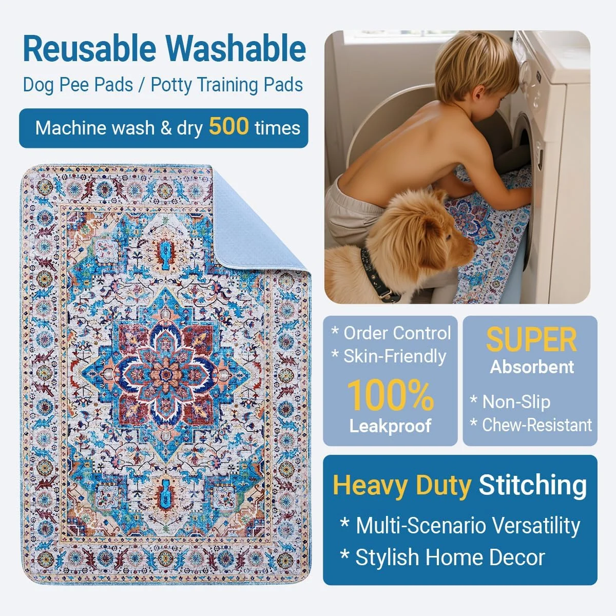 پدهای ادرار سگ قابل شستشو INFISIBLE، بسته 2 عددی، 122x91 سانتی متر، پدهای بزرگ جاذب و ضد آب قابل استفاده مجدد برای آموزش دستشویی توله سگ، زیرانداز طرح بوهمی برای حیوانات خانگی مناسب برای باکس، محوطه بازی، لانه و فضای داخلی پدهای ادرار سگ قابل شستشو INFISIBLE، بسته 2 عددی، 122x91 سانتی متر، پدهای بزرگ جاذب و ضد آب قابل استفاده مجدد برای آموزش دستشویی توله سگ، زیرانداز طرح بوهمی برای حیوانات خانگی مناسب برای باکس، محوطه بازی، لانه و فضای داخلی