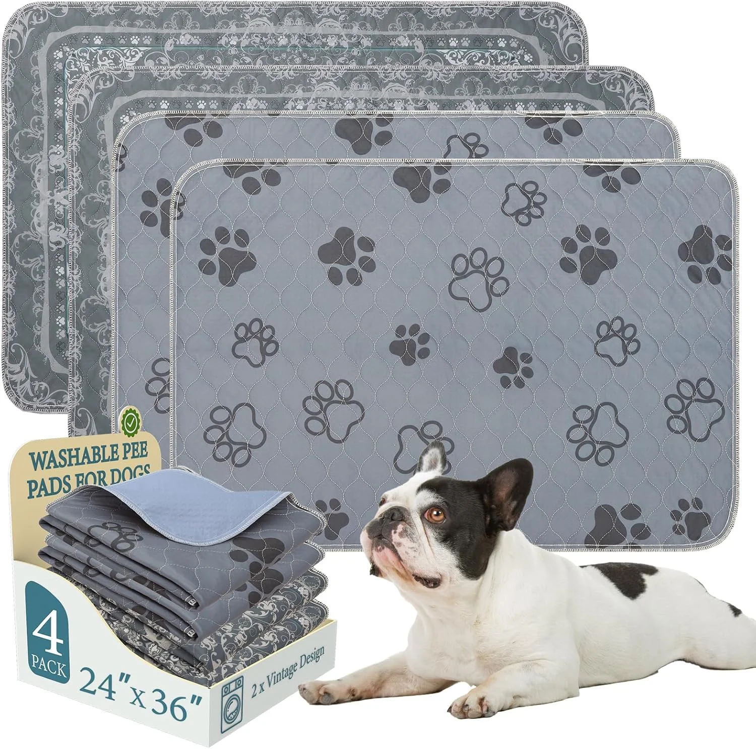 پدهای ادرار سگ قابل شستشو Homimp، بسته 4 عددی پد توله سگ قابل استفاده مجدد، پدهای ادرار سگ جاذب و ضد نشت، پدهای آموزشی سگ غیر لغزنده، پد حیوانات خانگی برای کف، جعبه، مبل، زایمان، خاکستری 60x90 سانتی متر