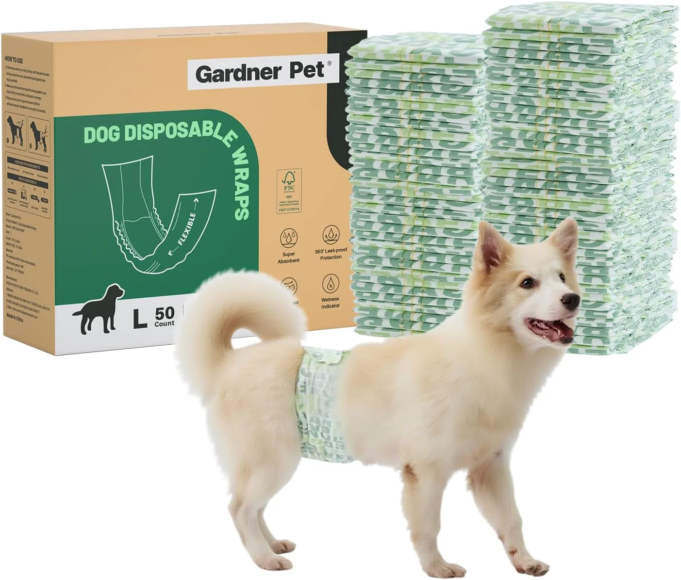 پوشک سگ نر یکبار مصرف Gardner Pet، 50 عدد، پوشش سگ نر با نشانگر رطوبت و فناوری ژل Flashdry، پوشک سگ نر برای آموزش توله سگ، علامت گذاری، بی اختیاری، مسافرت - بزرگ
