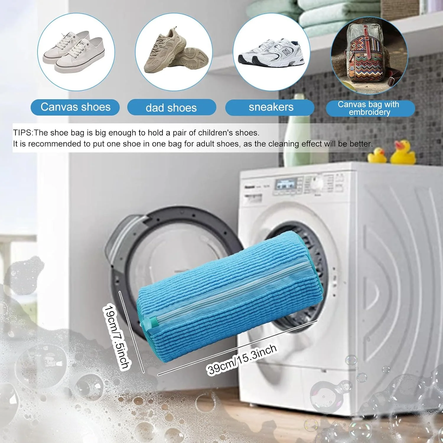 کیسه شستشوی کفش، کیسه لباسشویی کفش برای ماشین لباسشویی و خشک کن، کیسه ماشین لباسشویی کفش مخملی زیپ دار بادوام و قابل استفاده مجدد برای کفش، کفش ورزشی، کفش تنیس، دمپایی آبی 1 عدد