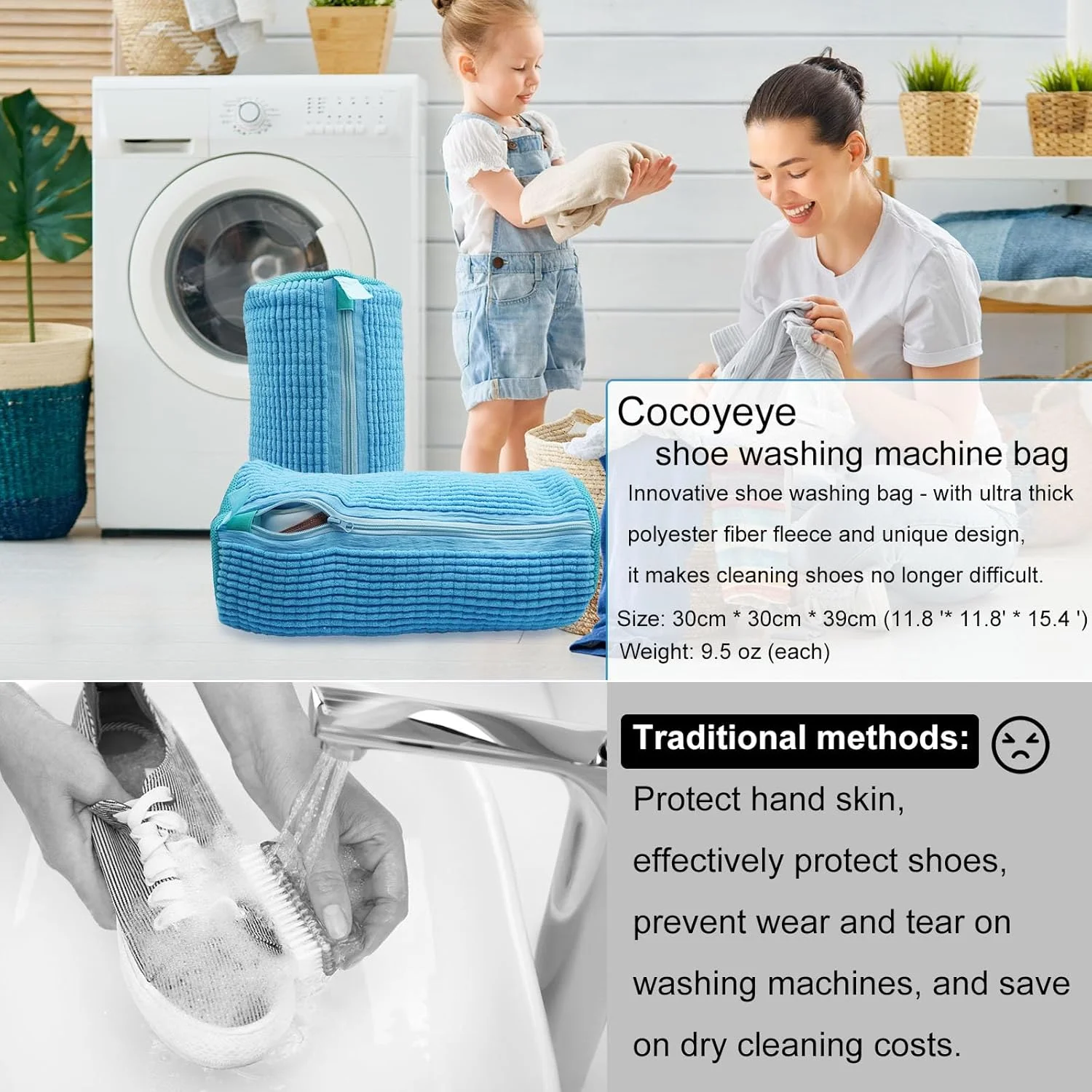 کیسه شستشوی کفش، کیسه لباسشویی کفش برای ماشین لباسشویی و خشک کن، کیسه ماشین لباسشویی کفش مخملی زیپ دار بادوام و قابل استفاده مجدد برای کفش، کفش ورزشی، کفش تنیس، دمپایی آبی 1 عدد