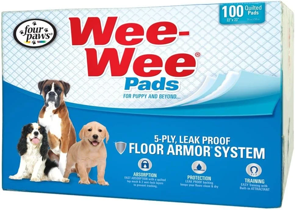 پدهای ادرار سگ Four Paws Wee-Wee با عملکرد برتر - پدهای سگ و توله سگ برای آموزش دستشویی - لوازم خانه و آموزش توله سگ - 56cm x 58cm (100 عدد)، سفید