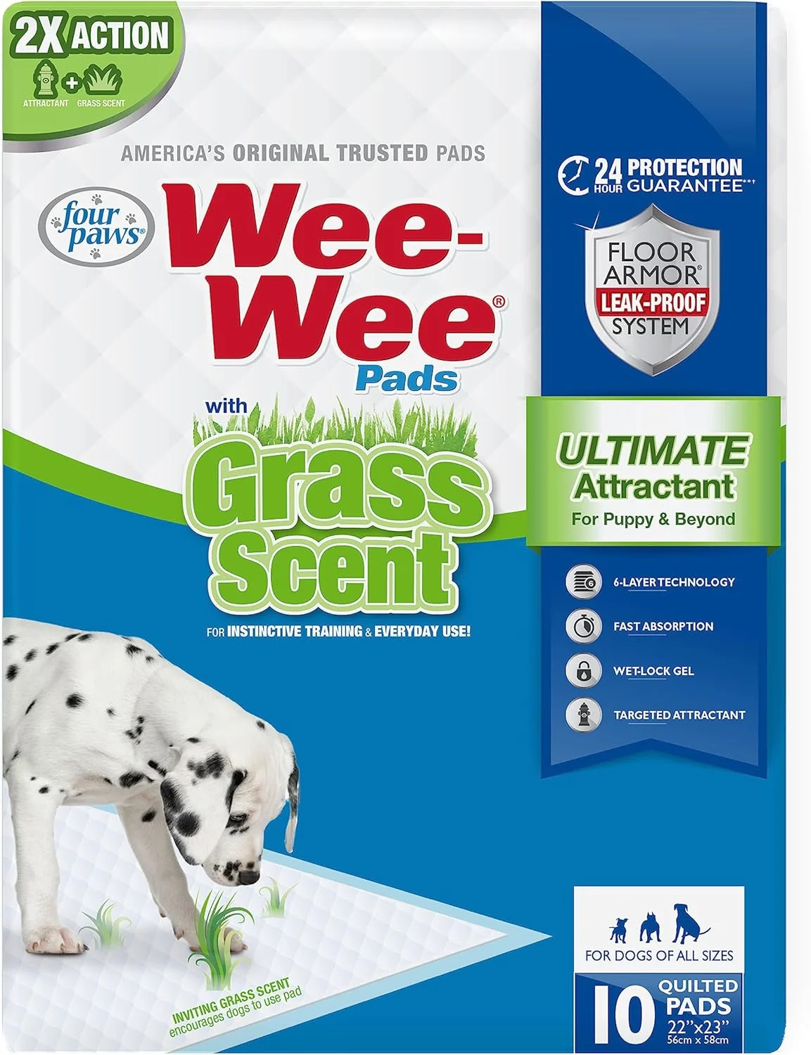 پدهای ادرار سگ و توله سگ Four Paws Wee-Wee با رایحه چمن، محافظت از کف ضد نشت برای آموزش دستشویی غریزی، 55 در 58 سانتی متر، 10 عدد