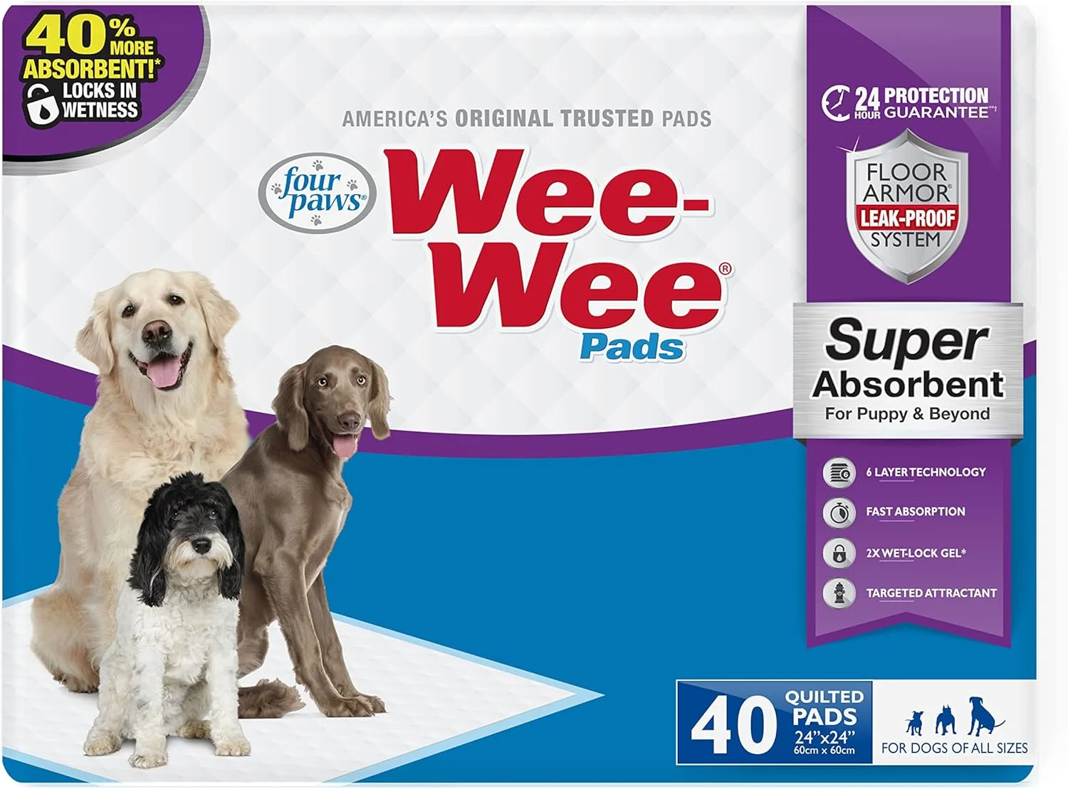 پدهای فوق جاذب ادرار سگ Four Paws Wee-Wee برای سگ ها در هر اندازه، پدهای آموزش دستشویی ضد نشت و لایه دار سگ و توله سگ، بدون عطر، 60x60 سانتی متر (40 عدد)