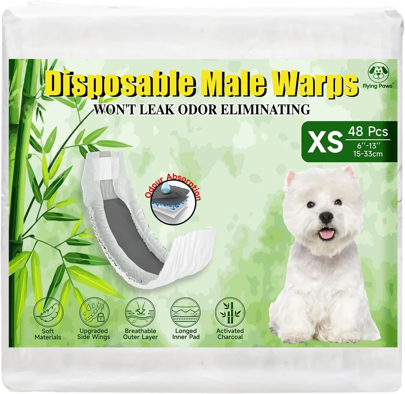 پوشک یکبار مصرف سگ نر، XS-48، خنثی کننده بو، پوشک نرم و تنفسی برای سگ های نر، شلوار بی اختیاری ادرار توله سگ با زغال فعال