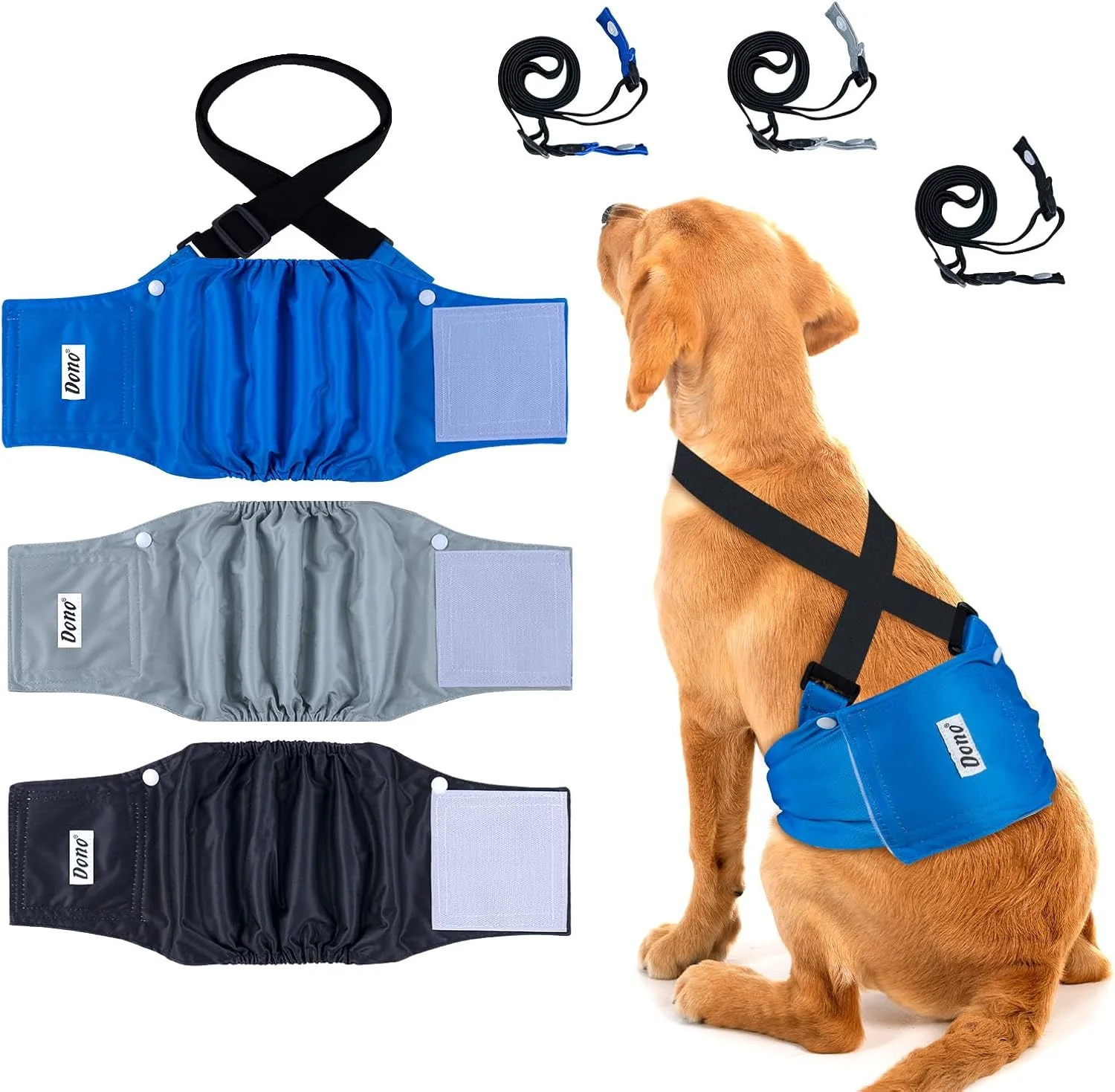 باند شکمی سگ نر قابل شستشو Dono، بسته 3 عددی، پوشک سگ نر قابل استفاده مجدد، پوشش سگ نر فوق العاده جاذب، آبی مشکی خاکستری، کوچک