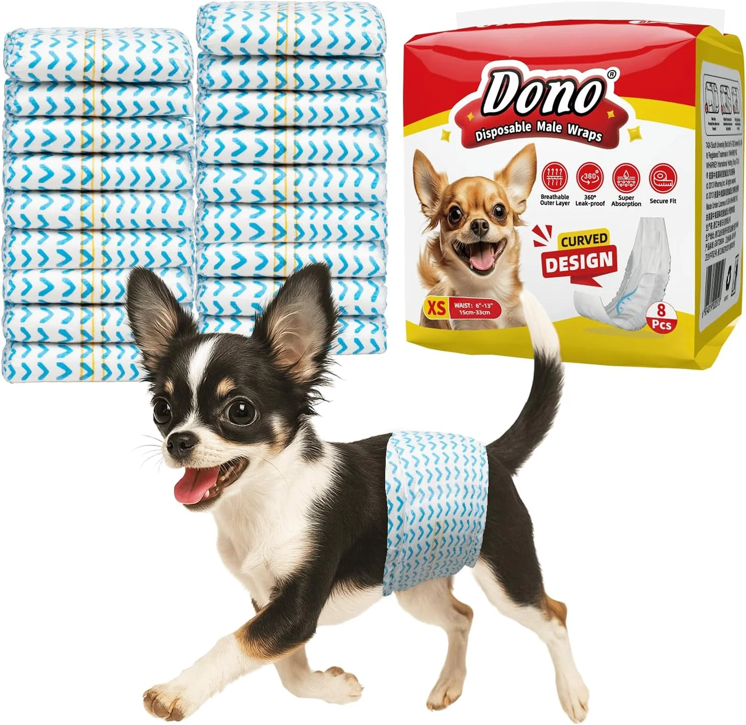 پوشک سگ نر یکبار مصرف دونو با نشانگر رطوبت، پدهای فوق العاده جاذب سگ نر، هسته پنبه ای سه بعدی برای جذب فوق العاده، نوارهای شکمی ضد نشت، تناسب نرم و ایمن