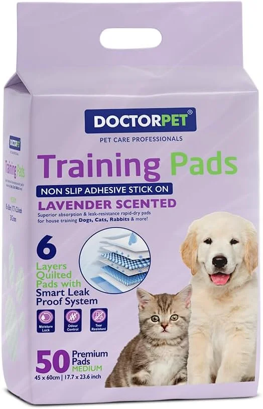 پدهای آموزشی حیوانات خانگی دکتر پت با رایحه اسطوخودوس، بسته‌های 50 عددی (45x60 سانتی‌متر) - پدهای متوسط با خشک شدن سریع و ضد نشت، معطر، 6 لایه لحافی، جذب فوق‌العاده، کنترل بو، آموزش حیوانات خانگی برای سگ، گربه و خرگوش