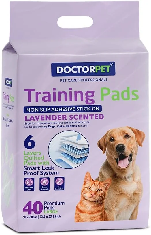پدهای آموزشی حیوانات خانگی دکتر پت با رایحه اسطوخودوس 40 عددی (60x60 سانتی متر) - پدهای بزرگ با قابلیت خشک شدن سریع و ضد نشت، معطر، 6 لایه لحافی، جذب عالی، کنترل بو، آموزش حیوانات خانگی برای سگ، گربه، خرگوش