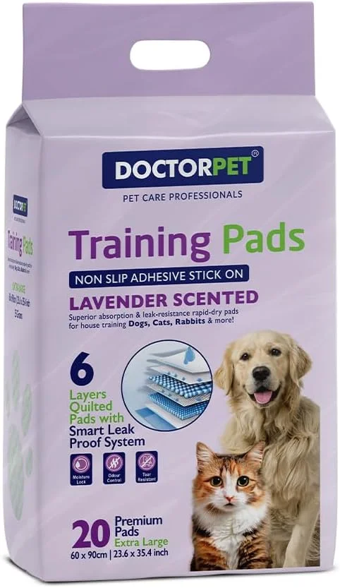 پدهای آموزشی حیوانات خانگی دکتر پت با رایحه اسطوخودوس، بسته 20 عددی (60x90 سانتی متر) - پدهای بسیار بزرگ با خشک شدن سریع و ضد نشت، معطر، 6 لایه لحافی، جذب فوق العاده، کنترل بو، آموزش حیوانات خانگی برای سگ، گربه، خرگوش 55 گرم