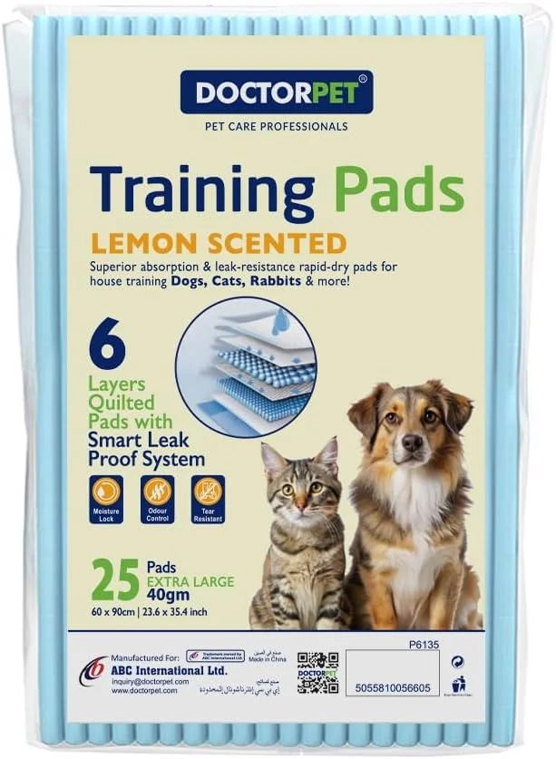 پدهای آموزشی حیوانات خانگی دکتر پت، 60x90 سانتی متر، 40 گرم، معمولی، با رایحه لیمو، 25 عددی - بسیار بزرگ، جاذب و کنترل کننده بو برای حیوانات خانگی