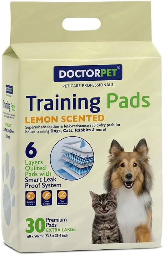 پدهای آموزشی سگ و گربه دکتر پت با رایحه لیمو، 30 عددی (60x90 سانتی متر) - پدهای بسیار بزرگ با خشک شدن سریع و ضد نشت، معطر، 6 لایه، جذب فوق العاده، کنترل بو، آموزش حیوانات خانگی برای سگ، گربه، خرگوش