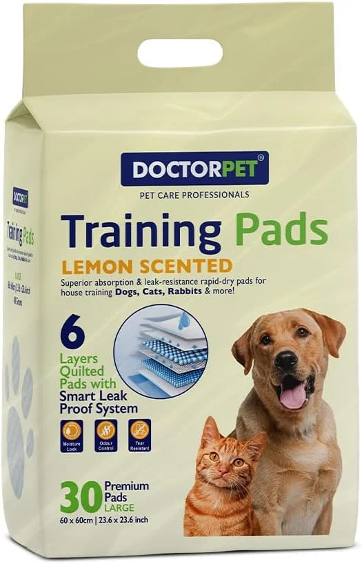 پدهای آموزشی سگ و گربه دکتر پت با رایحه لیمو، 30 عددی (60x90 سانتی متر) - پدهای بسیار بزرگ با خشک شدن سریع و ضد نشت، معطر، 6 لایه، جذب فوق العاده، کنترل بو، آموزش حیوانات خانگی برای سگ، گربه، خرگوش