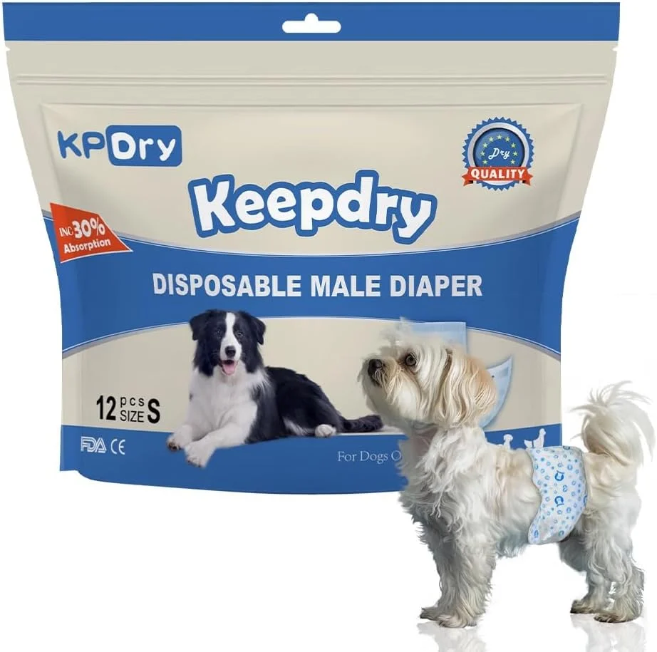 پوشک یکبار مصرف سگ نر KPDry | دورپیچ شکمی سگ ضد نشت برای بی اختیاری، علامت گذاری و آموزش | تناسب قابل تنظیم و ایمن | (بسته 12 عددی) (کوچک)