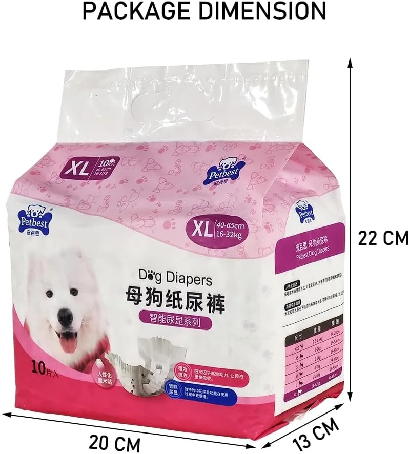 پوشک سگ ماده یکبار مصرف 10 عددی با کش الاستیک، نشانگر رطوبت، طراحی جاذب و ضد نشت، پوشک حیوانات خانگی راحت برای نژادهای بزرگ، ایده آل برای بی اختیاری XL (16-32 کیلوگرم)