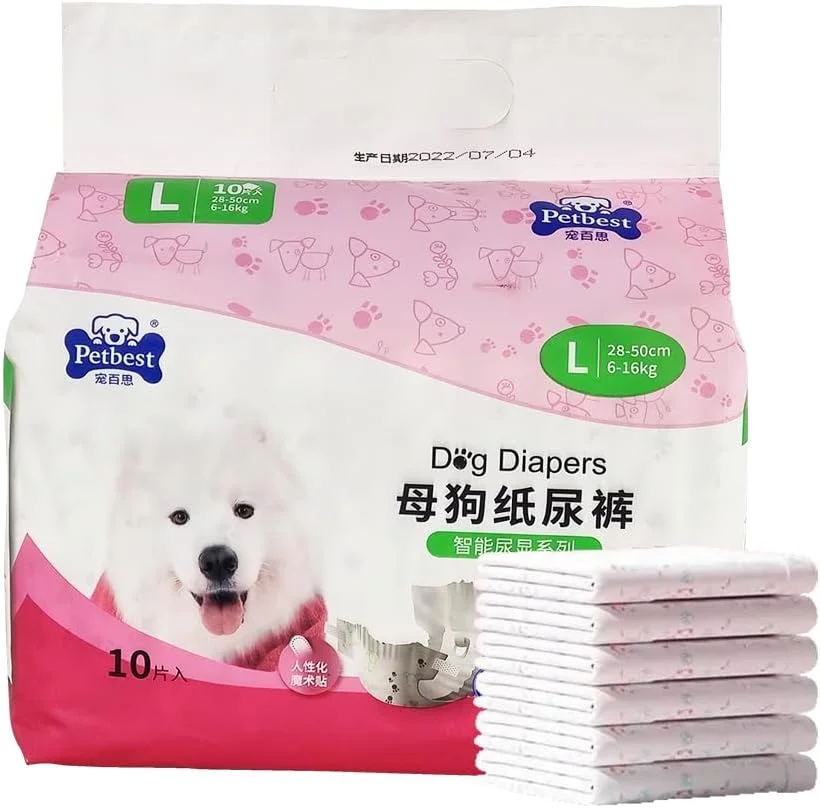 پوشک سگ ماده یکبار مصرف 10 عددی با کش الاستیک، نشانگر رطوبت، طراحی جاذب و ضد نشت، پوشک حیوانات خانگی راحت برای نژادهای بزرگ، ایده آل برای بی اختیاری L (6-16 کیلوگرم)