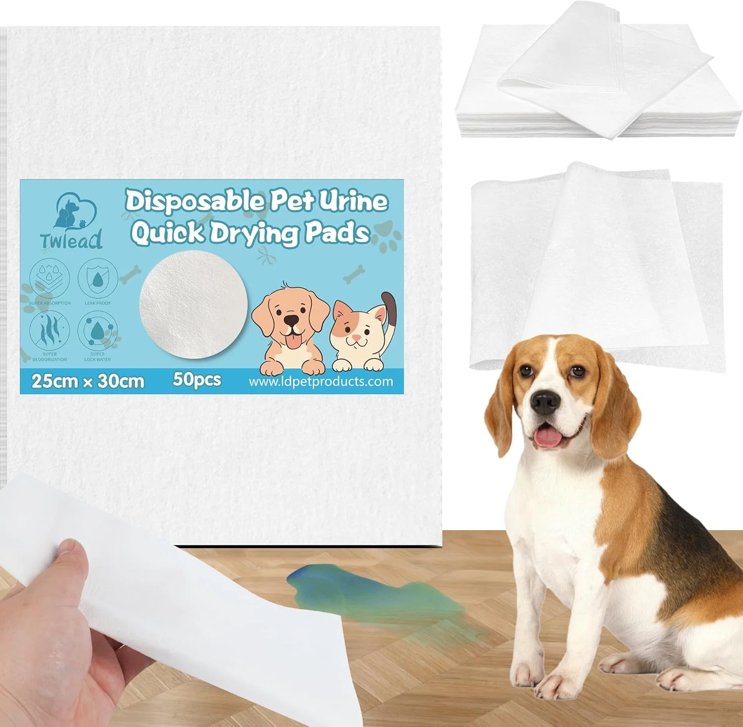 پدهای مخصوص سگ و گربه TWLEAD، بسته 50 عددی، پد جاذب ادرار یکبار مصرف برای سگ، گربه و حیوانات خانگی، پدهای ادرار جاذب دو طرفه برای سگ ها، پدهای ادرار خشک شونده سریع برای سگ ها (پارچه نبافته + پلیمر)، TW-UP-01