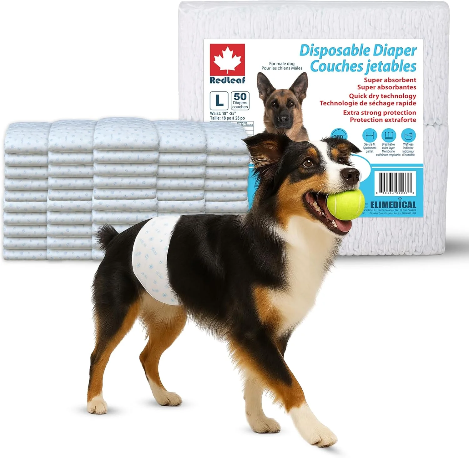 پوشک سگ نر یکبار مصرف فوق جاذب REDLEAF مدل Elimedical | کمربند شکمی برای بی اختیاری ادرار سگ نر، ادرار هیجانی، آموزش دستشویی و علامت گذاری | نشانگر رطوبت | بسته 50 عددی بزرگ، MDD-L