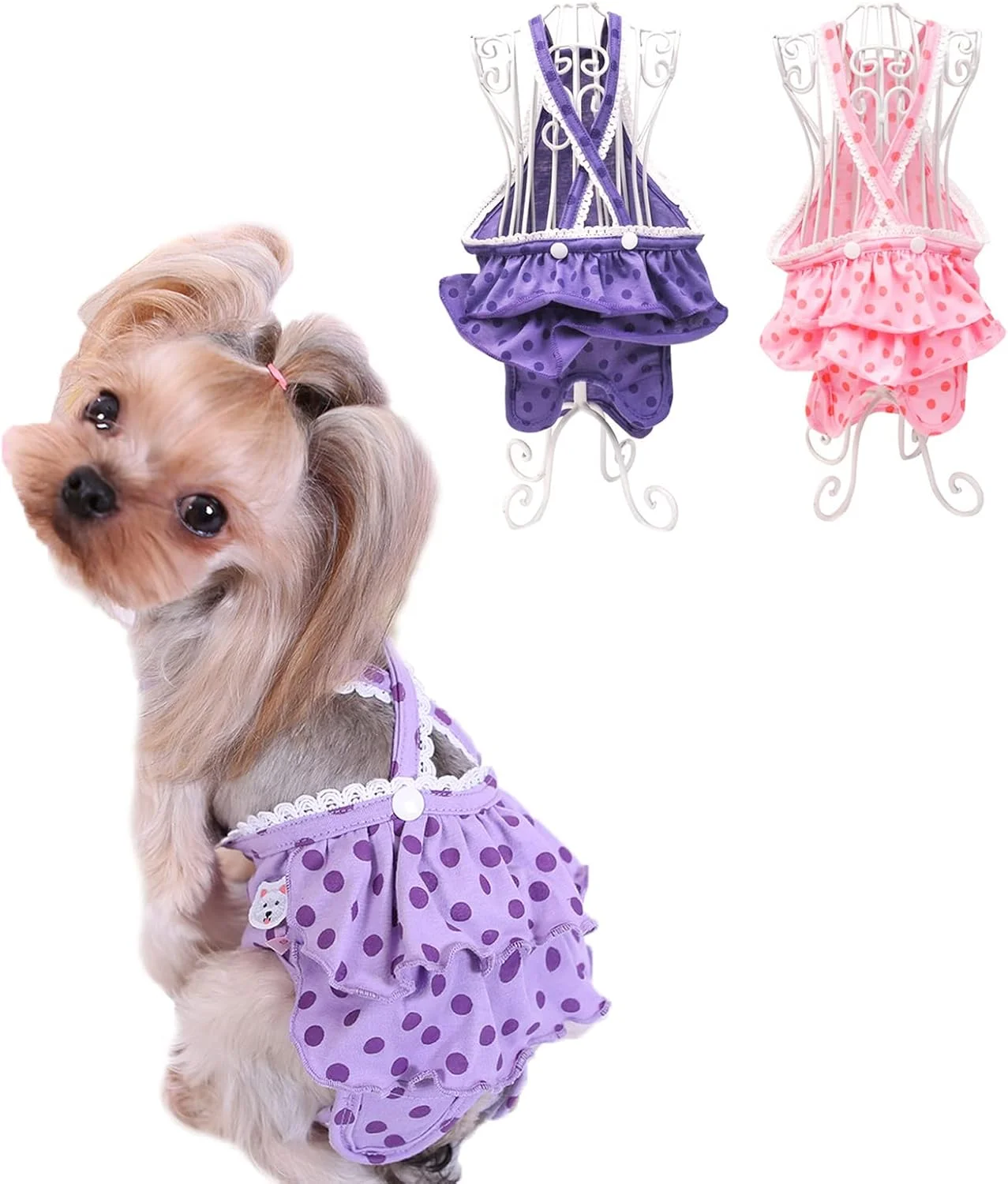 2 عدد شورت بهداشتی سگ ماده با بند، شورت بهداشتی نرم سگ قابل استفاده مجدد با طرح خال خالی برای سگ های ماده